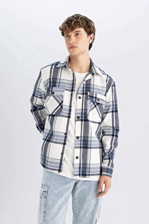 DeFacto Lacivert Relax Fit Polo Yaka Kareli Oduncu Flanel Pamuklu Uzun Kollu Gömlek Z0639AZ24AUNV165