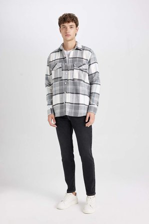 DeFacto Regular Fit Polo Yaka Kareli Oduncu Flanel Uzun Kollu Gömlek D6027AX24AUGR367