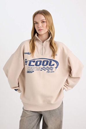 DeFacto Coool Oversize Geniş Kalıp Yarım Fermuarlı Baskılı Kalın Sweatshirt D7565AX24WNBG701