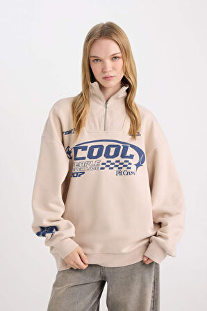 DeFacto Coool Oversize Geniş Kalıp Yarım Fermuarlı Baskılı Kalın Sweatshirt D7565AX24WNBG701
