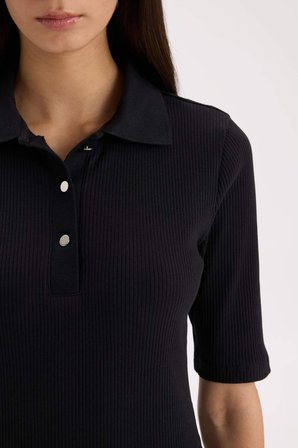 DeFacto Bodycon Vücudu Saran Polo Yaka Fitilli Kaşkorse Kısa Kollu Midi Elbise D8296AX25SPBK81