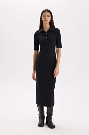 Bodycon Vücudu Saran Polo Yaka Fitilli Kaşkorse Kısa Kollu Midi Elbise