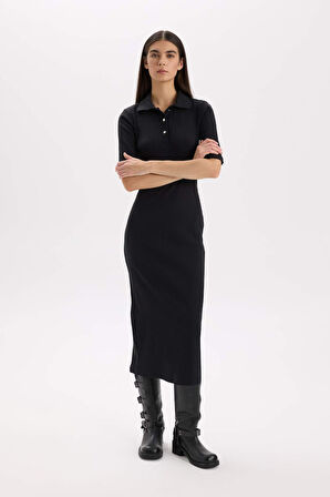 Bodycon Vücudu Saran Polo Yaka Fitilli Kaşkorse Kısa Kollu Midi Elbise