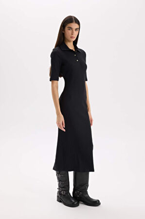 Bodycon Vücudu Saran Polo Yaka Fitilli Kaşkorse Kısa Kollu Midi Elbise