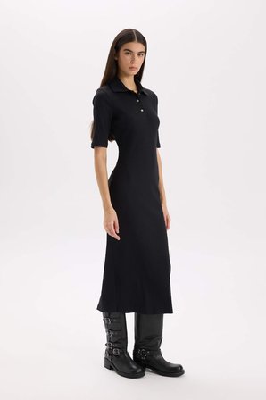 DeFacto Bodycon Vücudu Saran Polo Yaka Fitilli Kaşkorse Kısa Kollu Midi Elbise D8296AX25SPBK81