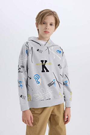 DeFacto Erkek Çocuk Oversize Geniş Kalıp Kapüşonlu Desenli Sweatshirt D7118A824WNBE417