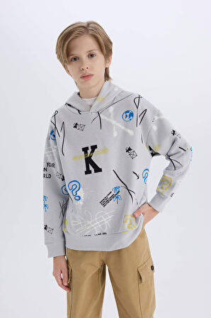 DeFacto Erkek Çocuk Oversize Geniş Kalıp Kapüşonlu Desenli Sweatshirt D7118A824WNBE417
