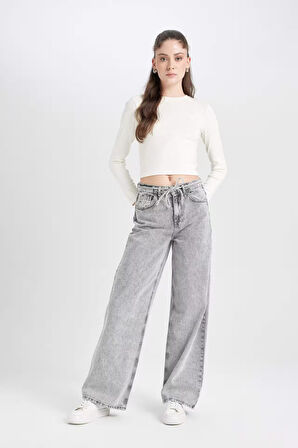 DeFacto Loose Wide Leg Geniş Paça Yüksek Bel Uzun Jean Yıkamalı Pantolon D5596AX24WNNM55