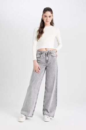 DeFacto Loose Wide Leg Geniş Paça Yüksek Bel Uzun Jean Yıkamalı Pantolon D5596AX24WNNM55