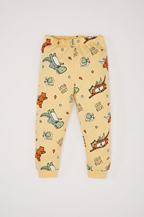 Erkek Bebek Pijama Takımı Bisiklet Yaka Dinazor Baskılı Uzun Kollu Üst Beli Lastikli Uzun Alt