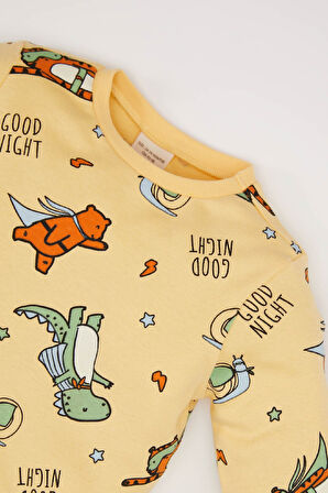 Erkek Bebek Pijama Takımı Bisiklet Yaka Dinazor Baskılı Uzun Kollu Üst Beli Lastikli Uzun Alt