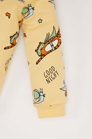 Erkek Bebek Pijama Takımı Bisiklet Yaka Dinazor Baskılı Uzun Kollu Üst Beli Lastikli Uzun Alt