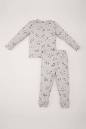 Erkek Bebek Pijama Takımı Fitilli Kaşkorse Bisiklet Yaka Desenli Uzun Kollu Üst Beli Lastikli Uzun Alt