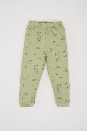 Erkek Bebek Pijama Takımı Ayı Baskılı Uzun Kollu Fitilli Kaşkorse Üst Beli Lastikli Uzun Alt 