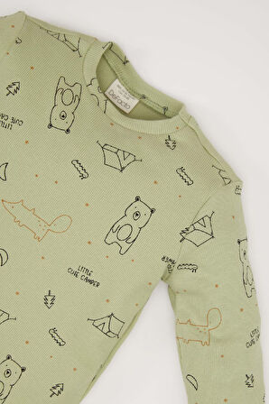 Erkek Bebek Pijama Takımı Ayı Baskılı Uzun Kollu Fitilli Kaşkorse Üst Beli Lastikli Uzun Alt 