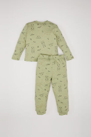Erkek Bebek Pijama Takımı Ayı Baskılı Uzun Kollu Fitilli Kaşkorse Üst Beli Lastikli Uzun Alt 