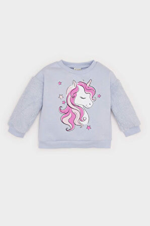 DeFacto Kız Bebek Bisiklet Yaka Unicorn Baskılı İçi Yumuşak Tüylü Sweatshirt D7198A524WNBE216