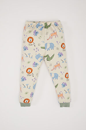 Erkek Bebek Pijama Takımı Safari Baskılı Bisiklet Yaka Uzun Kollu Üst Beli Lastikli Uzun Alt 
