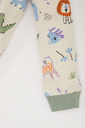 Erkek Bebek Pijama Takımı Safari Baskılı Bisiklet Yaka Uzun Kollu Üst Beli Lastikli Uzun Alt 