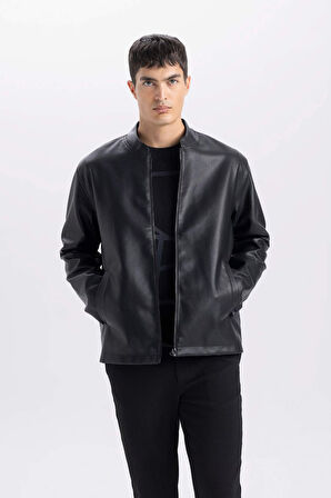 Su İtici Slim Fit Dar Kesim Dik Yaka Fermuarlı Suni Deri Mont
