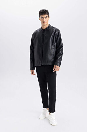 Su İtici Slim Fit Dar Kesim Dik Yaka Fermuarlı Suni Deri Mont