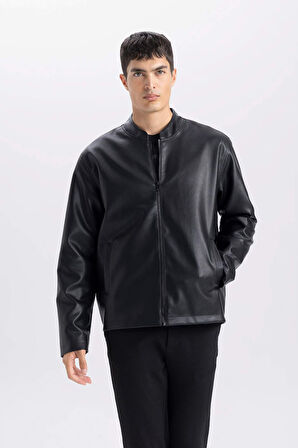 Su İtici Slim Fit Dar Kesim Dik Yaka Fermuarlı Suni Deri Mont
