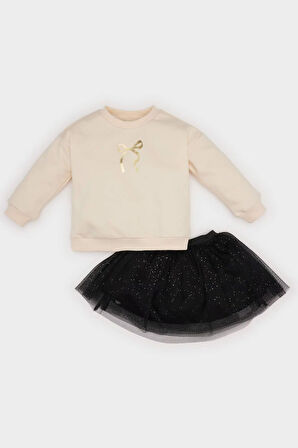 DeFacto Kız Bebek 2'li Takım Bisiklet Yaka Parlak Baskılı Sweatshirt Tütü Etek D7255A524WNBK81