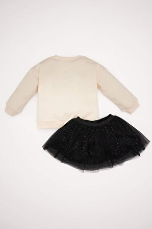 DeFacto Kız Bebek 2'li Takım Bisiklet Yaka Parlak Baskılı Sweatshirt Tütü Etek D7255A524WNBK81