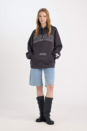 DeFacto Harvard University Oversize Geniş Kalıp Kapüşonlu Cepli Kalın Sweatshirt D7000AX24WNAR191