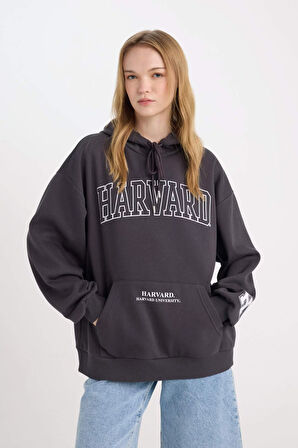 DeFacto Harvard University Oversize Geniş Kalıp Kapüşonlu Cepli Kalın Sweatshirt D7000AX24WNAR191