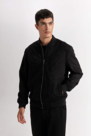 Slim Fit Süet Bomber Mont Ceket Dar Kesim Kolej Yaka Fermuarlı Çift Cepli Mevsimlik Hafif 