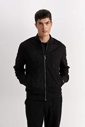 Slim Fit Süet Bomber Mont Ceket Dar Kesim Kolej Yaka Fermuarlı Çift Cepli Mevsimlik Hafif 