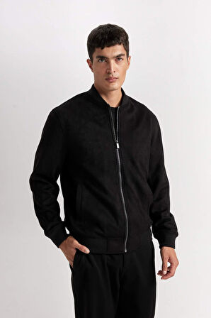 Slim Fit Süet Bomber Mont Ceket Dar Kesim Kolej Yaka Fermuarlı Çift Cepli Mevsimlik Hafif 