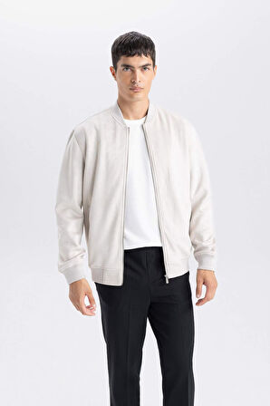 Slim Fit Süet Bomber Mont Ceket Dar Kesim Kolej Yaka Fermuarlı Çift Cepli Mevsimlik Hafif 