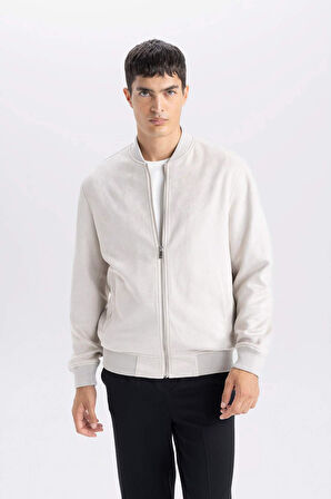 Slim Fit Süet Bomber Mont Ceket Dar Kesim Kolej Yaka Fermuarlı Çift Cepli Mevsimlik Hafif 