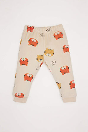 Erkek Bebek Pijama Takımı Bisiklet Yaka Desenli Kadife Uzun Kollu Üst Uzun Alt