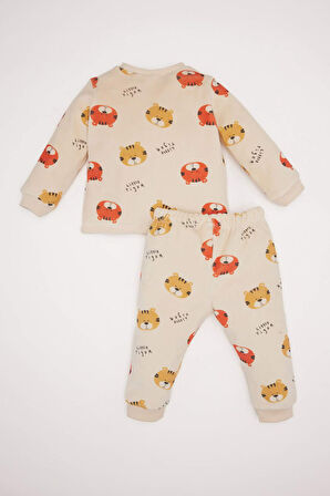 Erkek Bebek Pijama Takımı Bisiklet Yaka Desenli Kadife Uzun Kollu Üst Uzun Alt