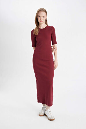 DeFacto 	Bodycon Vücuda Oturan Bisiklet Yaka Basic Düz Fitilli Kaşkorse Kısa Kollu Maxi Bordo Elbise D8623AX24AUBR248