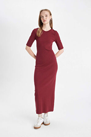 DeFacto 	Bodycon Vücuda Oturan Bisiklet Yaka Basic Düz Fitilli Kaşkorse Kısa Kollu Maxi Bordo Elbise D8623AX24AUBR248