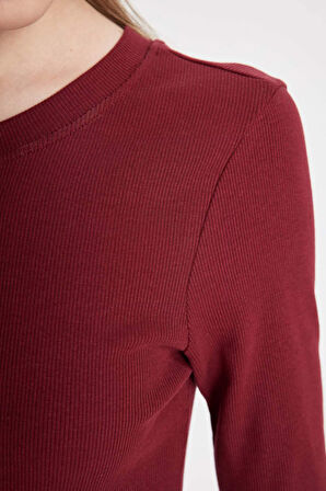 DeFacto 	Bodycon Vücuda Oturan Bisiklet Yaka Basic Düz Fitilli Kaşkorse Kısa Kollu Maxi Bordo Elbise D8623AX24AUBR248