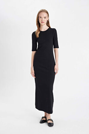 DeFacto 	Bodycon Vücuda Oturan Bisiklet Yaka Basic Düz Fitilli Kaşkorse Kısa Kollu Maxi Elbise D8623AX24AUBK81