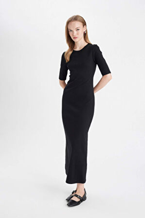 DeFacto 	Bodycon Vücuda Oturan Bisiklet Yaka Basic Düz Fitilli Kaşkorse Kısa Kollu Maxi Elbise D8623AX24AUBK81