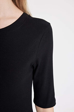 DeFacto 	Bodycon Vücuda Oturan Bisiklet Yaka Basic Düz Fitilli Kaşkorse Kısa Kollu Maxi Elbise D8623AX24AUBK81