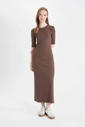 DeFacto Bodycon Vücuda Oturan Basıc Fitilli Kaşkorse Maxi Elbise D8623AX24AUBN540