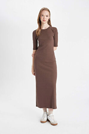 DeFacto Bodycon Vücuda Oturan Bisiklet Yaka Basic Düz Fitilli Kaşkorse Kısa Kollu Maxi Elbise D8623AX24AUBN540