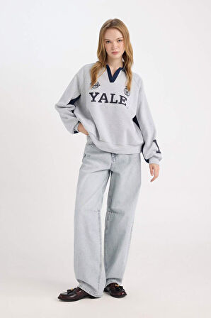 DeFacto Yale University Oversize Geniş Kalıp Polo Yaka Baskılı Kalın Sweatshirt D7001AX24WNGR256