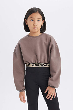Kız Çocuk Crop Bisiklet YakaBaskılı İçi Yumuşak Tüylü Kalın Sweatshirt
