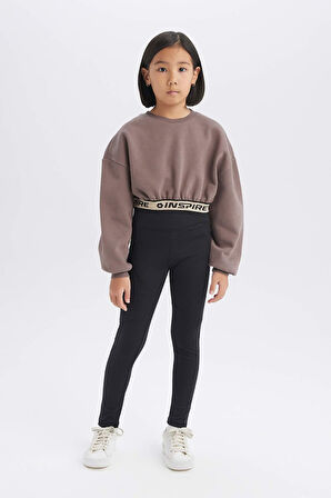 Kız Çocuk Crop Bisiklet YakaBaskılı İçi Yumuşak Tüylü Kalın Sweatshirt