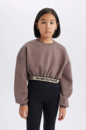 Kız Çocuk Crop Bisiklet YakaBaskılı İçi Yumuşak Tüylü Kalın Sweatshirt
