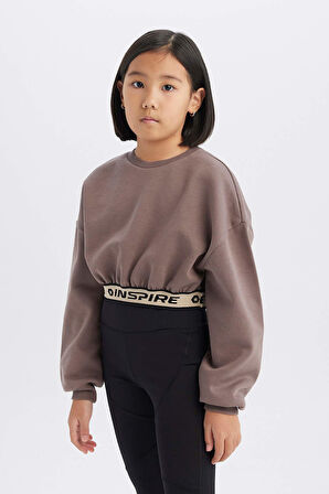 Kız Çocuk Crop Bisiklet YakaBaskılı İçi Yumuşak Tüylü Kalın Sweatshirt